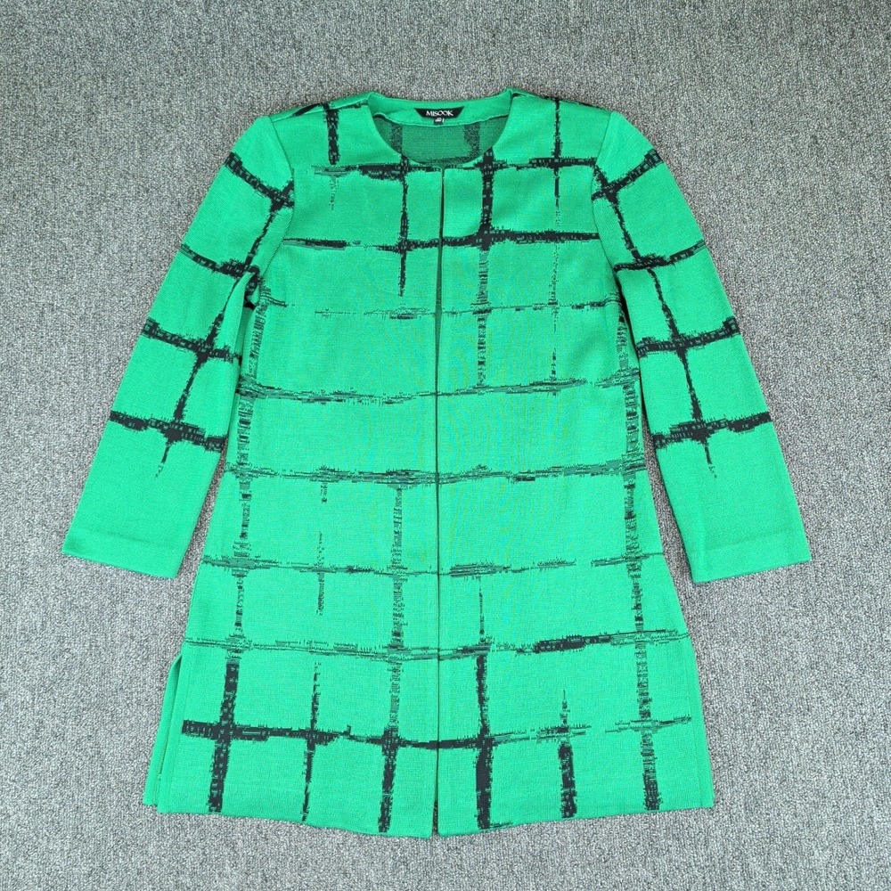 Misook Modern Bold Grid Open Front Cardigan Jacket Women XS Green Black XS